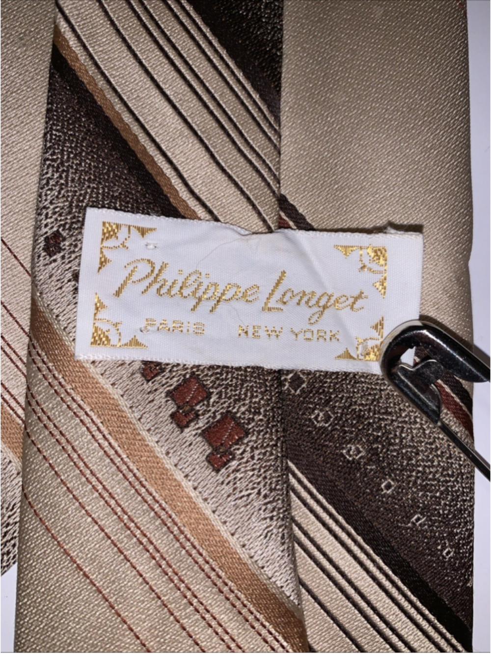 Philippe Longet Paris New York Brown Beige Tan Striped Neck Tie Vintage 3” 53” - Picture 6 of 11